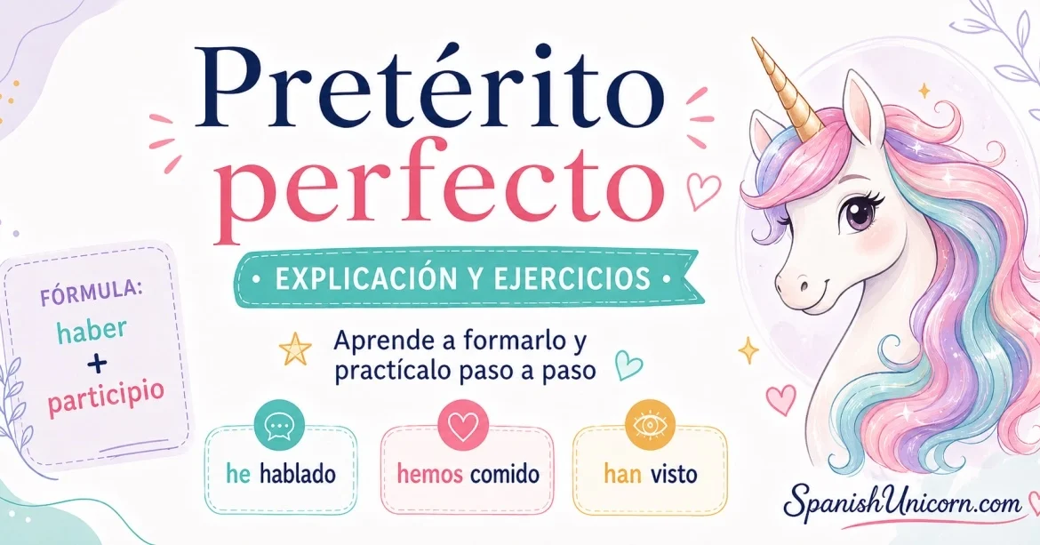 Infografía sobre el pretérito perfecto con explicación, fórmula y ejemplos