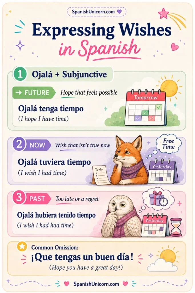 Infografía sobre ojalá con presente, imperfecto y pluscuamperfecto de subjuntivo para expresar deseos en español.
