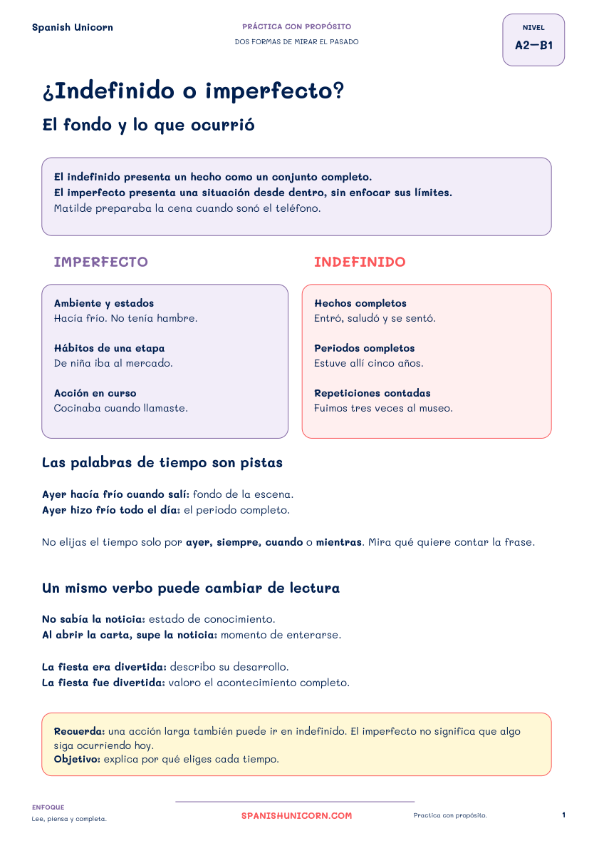 Primera página del mini-cuaderno gratuito: guía para elegir indefinido o imperfecto.