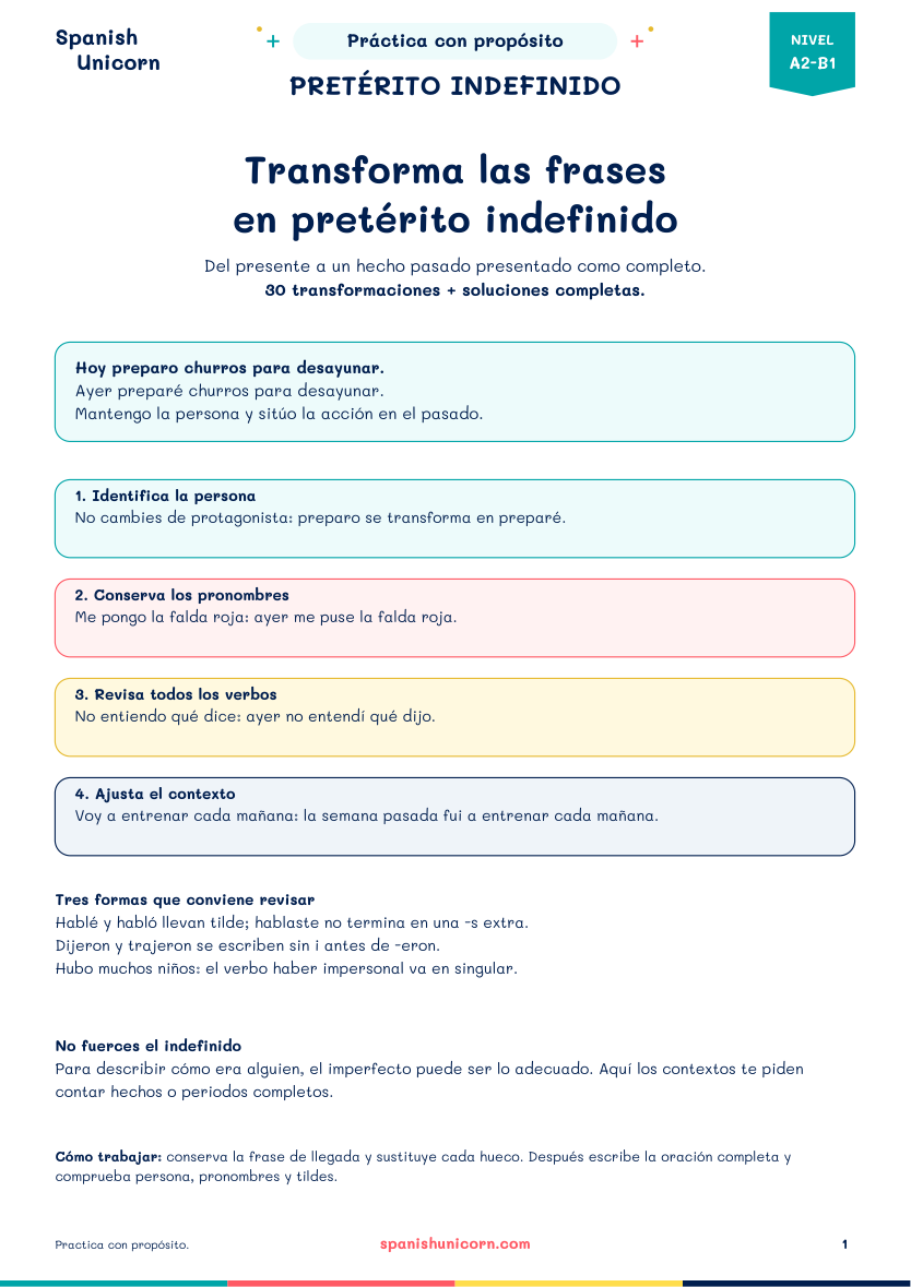 Primera página del PDF gratuito para transformar frases al pretérito indefinido.