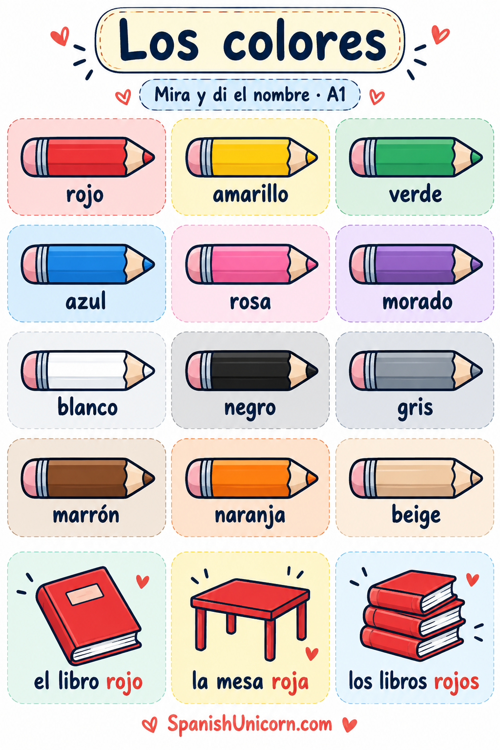 Doce colores con sus nombres en español y ejemplos de concordancia con rojo y roja.