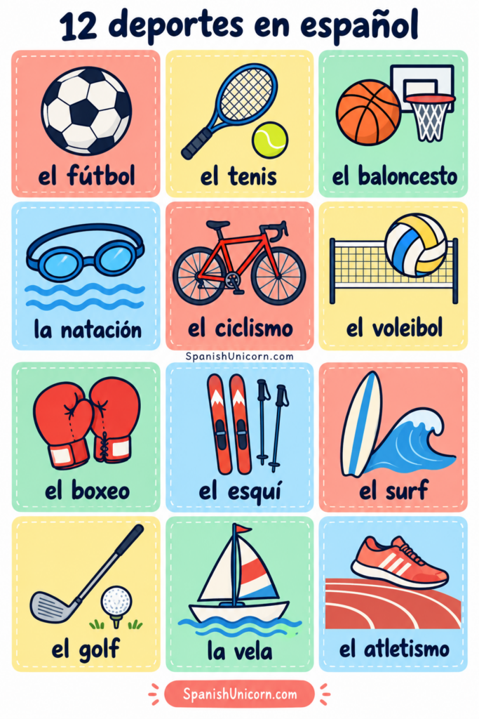 Doce deportes ilustrados: fútbol, tenis, baloncesto, natación, ciclismo, voleibol, boxeo, esquí, surf, golf, vela y atletismo