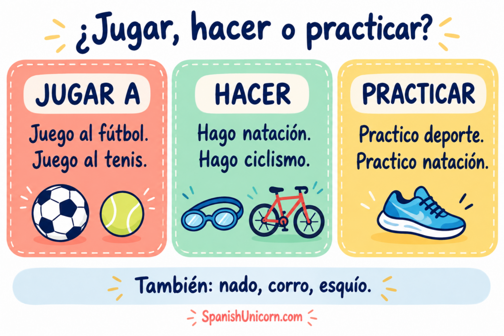 Juego al fútbol y al tenis; hago natación y ciclismo; practico deporte y natación