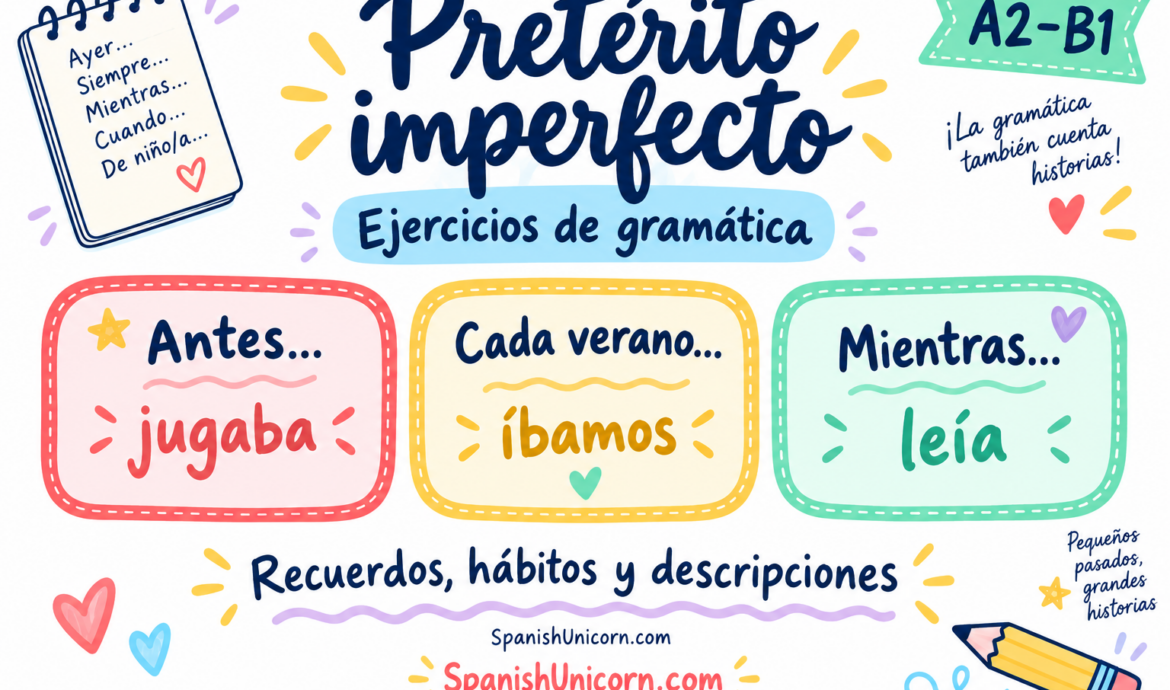 Pretérito imperfecto: recuerdos, hábitos y descripciones con las formas jugaba, íbamos y leía.