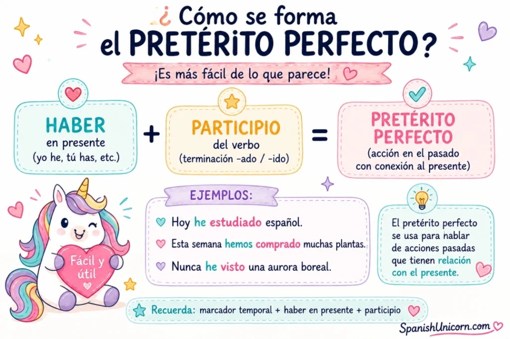 Infografía sobre cómo se forma el pretérito perfecto con haber y participio
