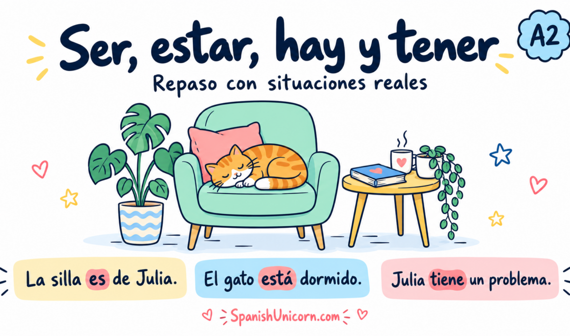 Gato dormido en la silla de Julia: ejemplos de ser, estar y tener para repasar los cuatro verbos en nivel A2.