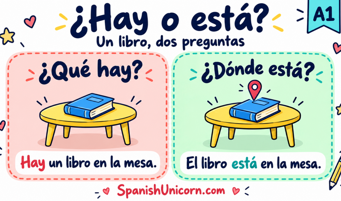 Hay un libro en la mesa y el libro está en la mesa: diferencia entre existencia y ubicación.