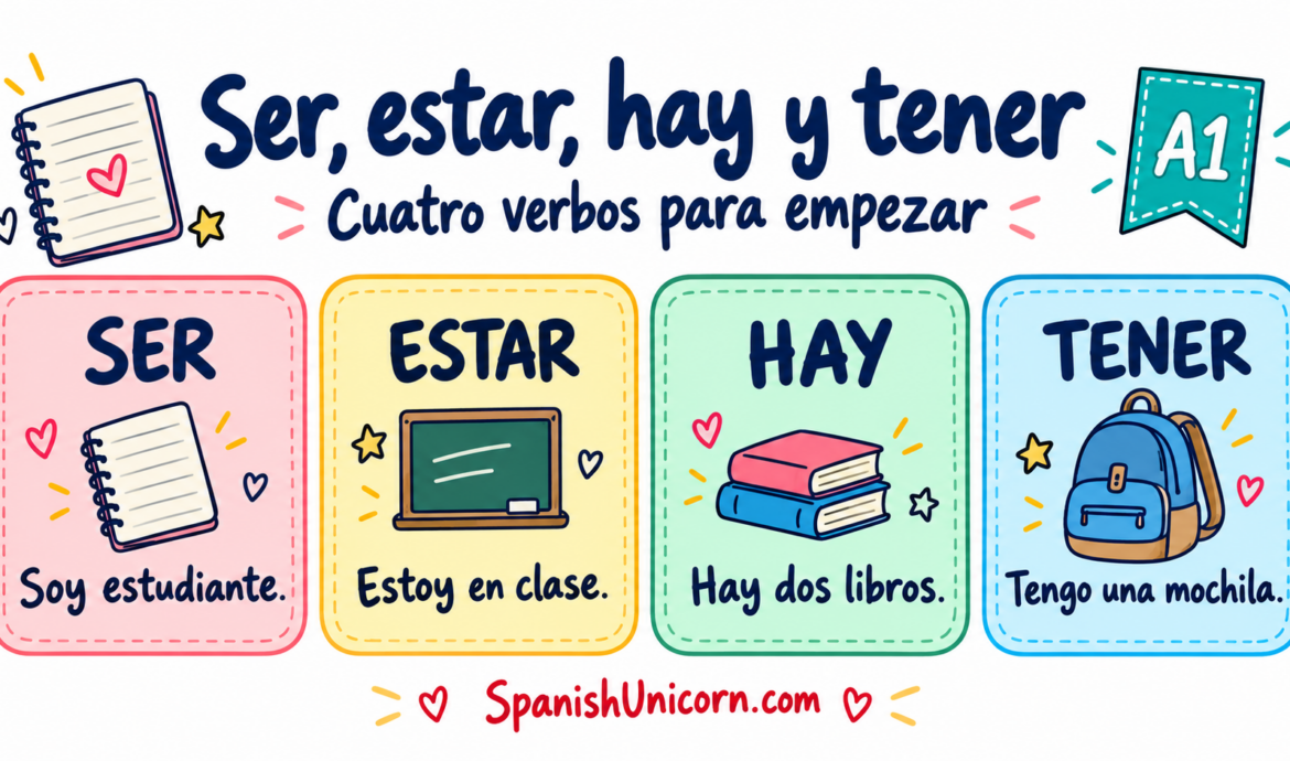 Ser, estar, hay y tener: soy estudiante, estoy en clase, hay dos libros y tengo una mochila.