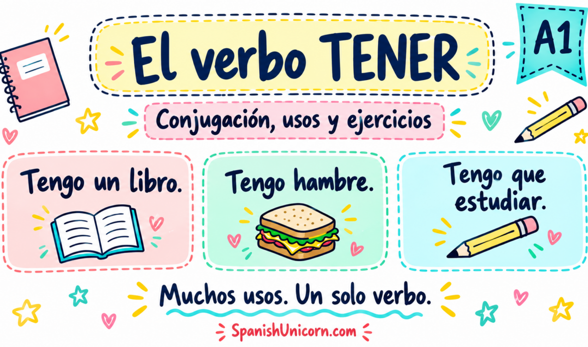 El verbo tener con ejemplos: tengo un libro, tengo hambre y tengo que estudiar.