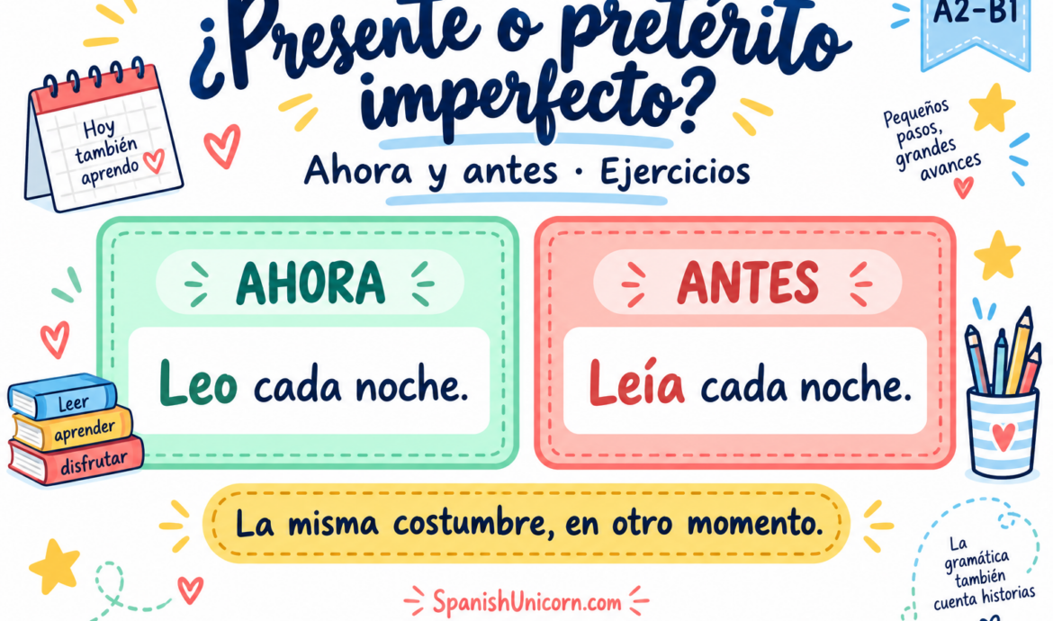 Presente e imperfecto comparados: ahora leo cada noche; antes leía cada noche. Képaláírás: Practica cómo hablar de hábitos actuales y de costumbres del pasado.