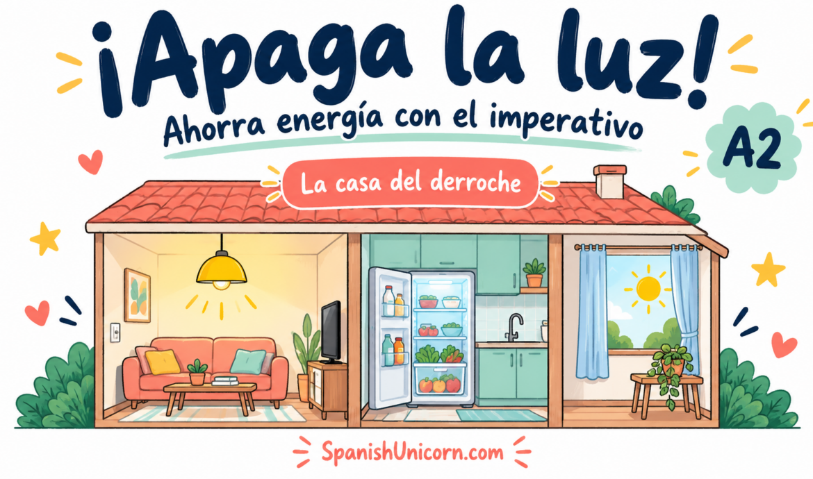 Casa con luces encendidas y nevera abierta para practicar consejos en imperativo.