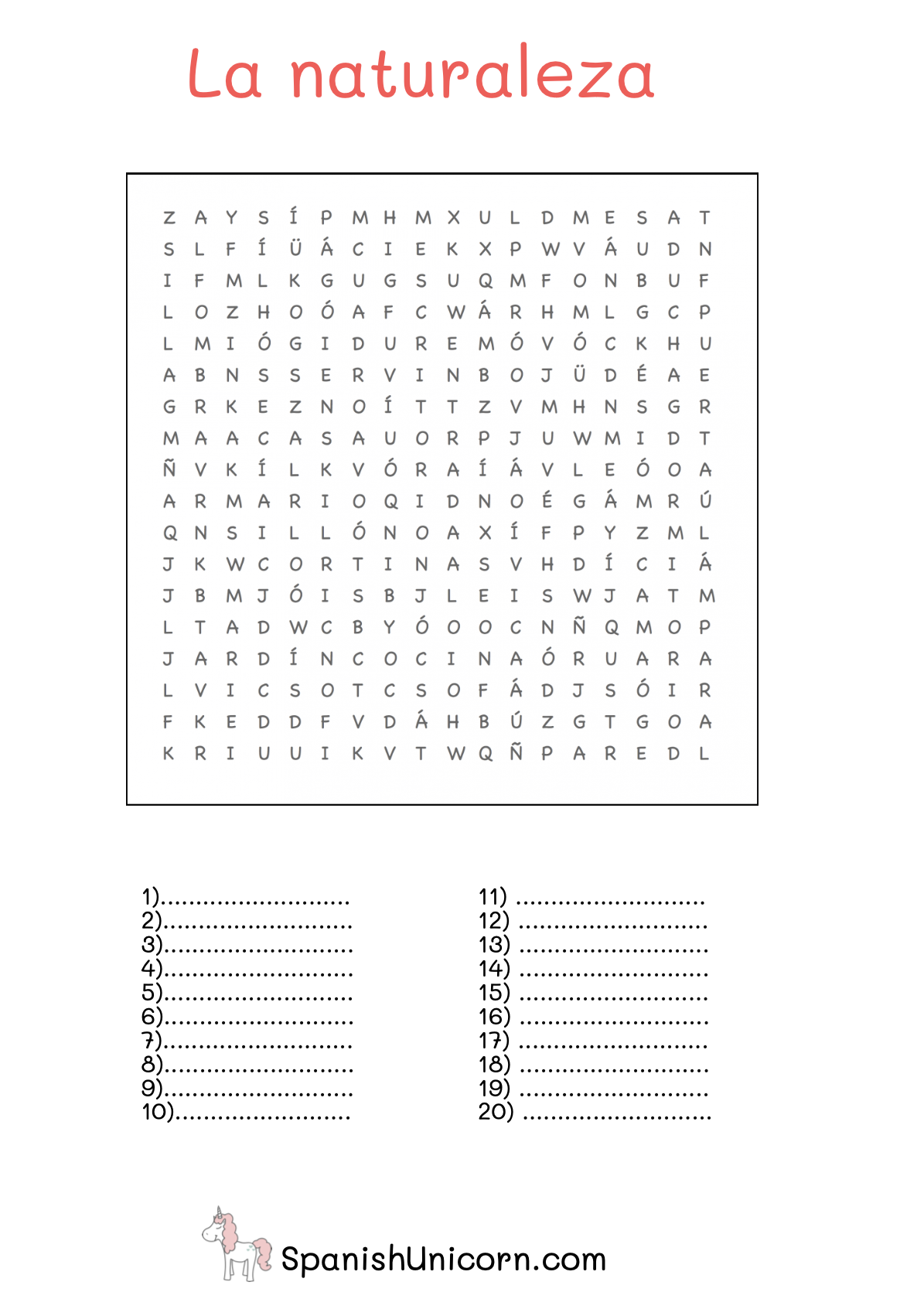 Sopa de letras - DESCARGA- NIVEL A1- Spanish Unicorn