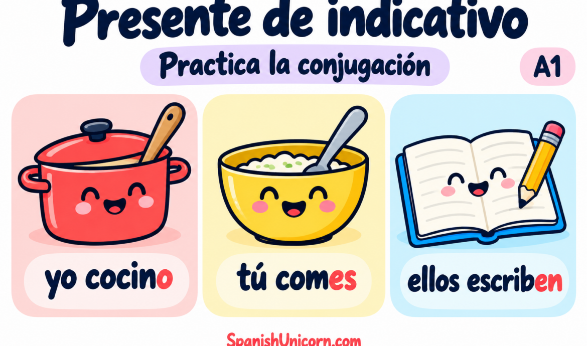 Presente de indicativo: yo cocino, tú comes y ellos escriben.