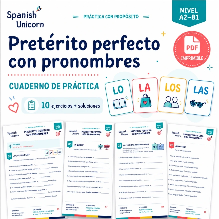 Pretérito perfecto con pronombres ejercicios para imprimir en pdf.