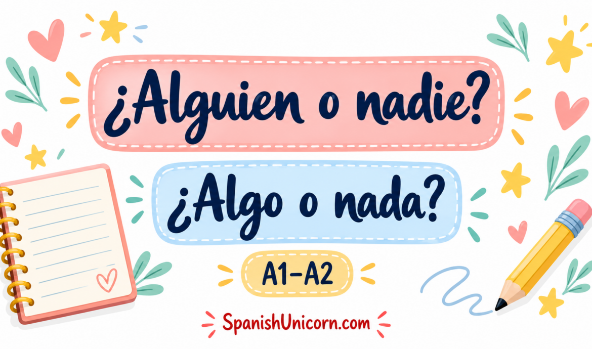 ¿Alguien o nadie? ¿Algo o nada? Práctica de pronombres indefinidos, nivel A1–A2.
