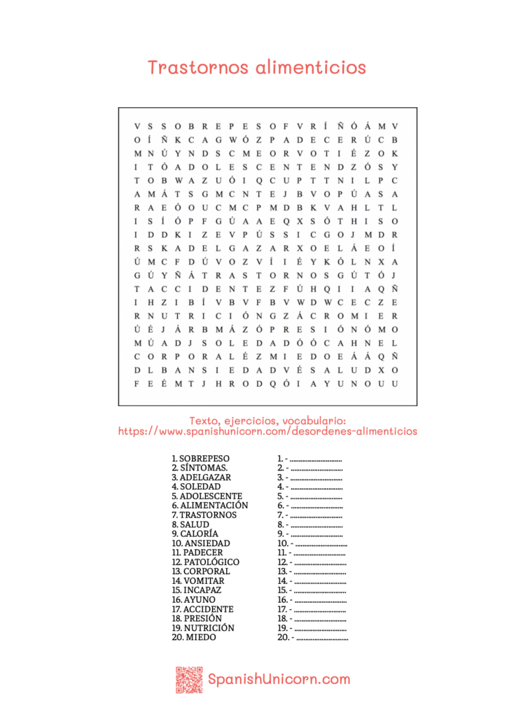 Desordenes alimenticios Sopa de letras 