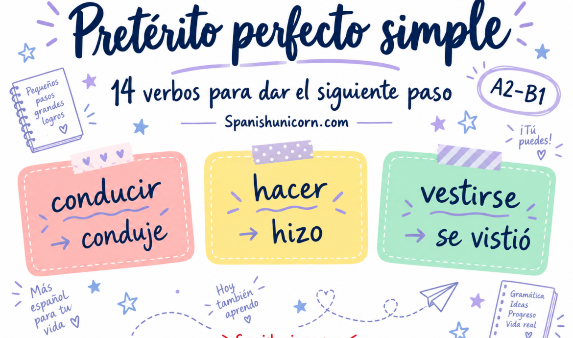 Pretérito perfecto simple: conducir, hacer y vestirse con las formas conduje, hizo y se vistió.