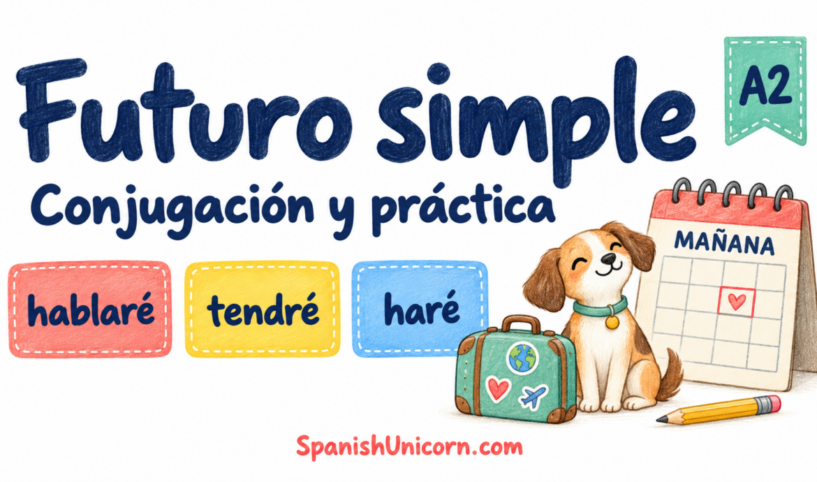 Futuro simple: hablaré, tendré y haré, con un calendario y un perro preparado para viajar.