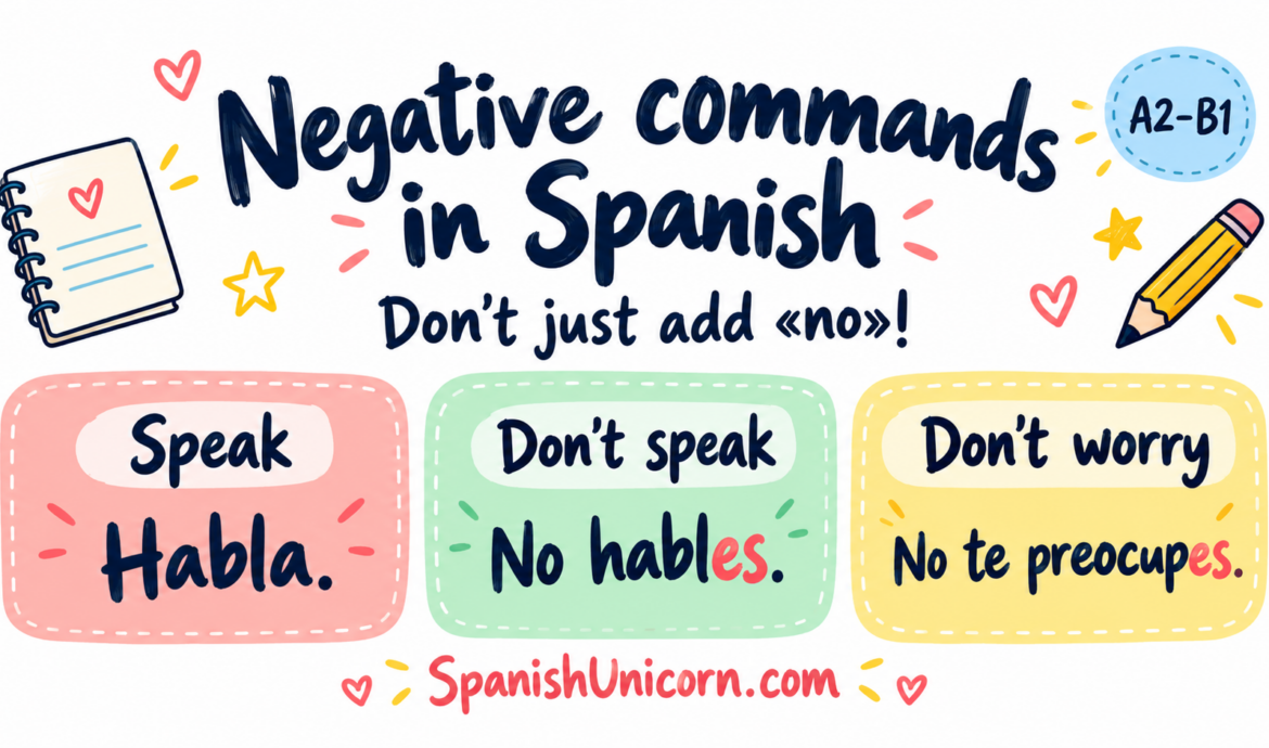 Habla becomes no hables: Spanish negative commands with no te preocupes as an example.