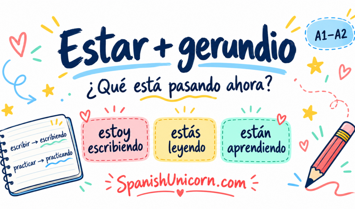 Estar + gerundio: estoy escribiendo, estás leyendo y están aprendiendo.