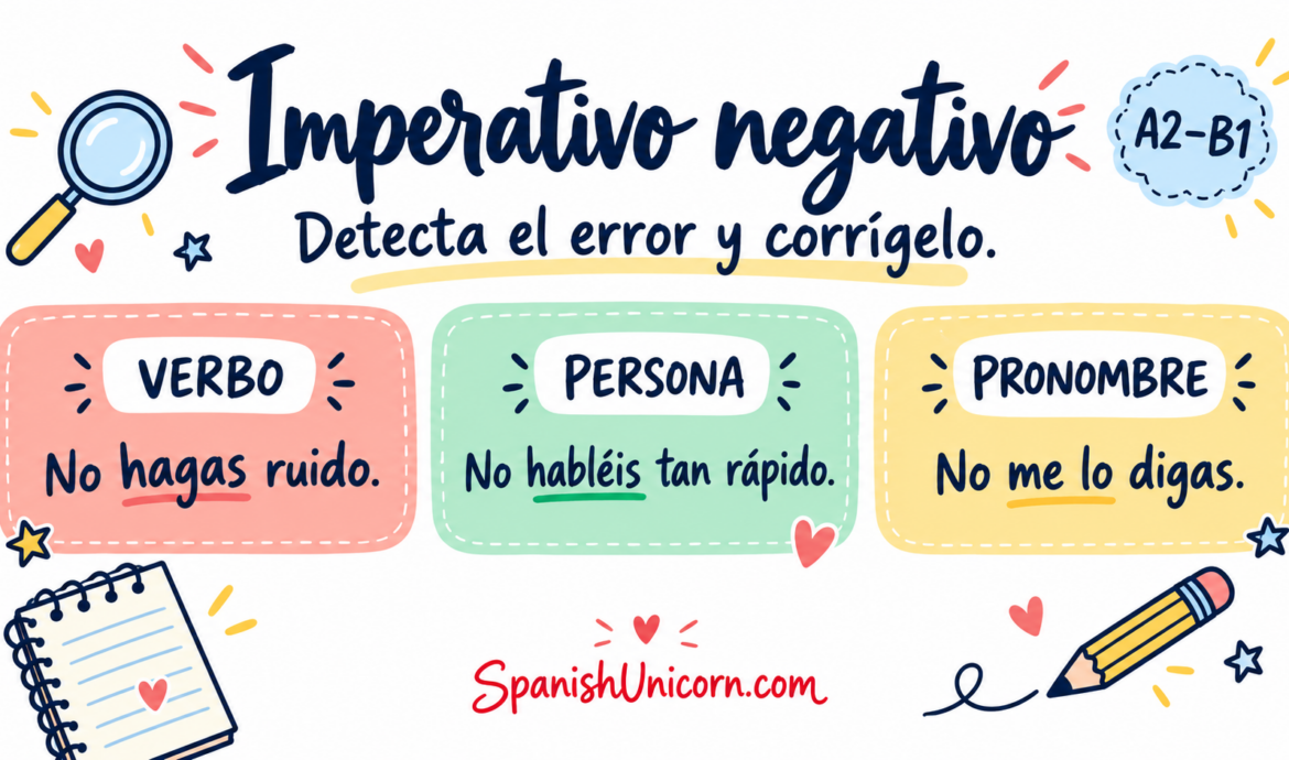 Tres claves del imperativo negativo: verbo, persona y pronombre, con ejemplos correctos.