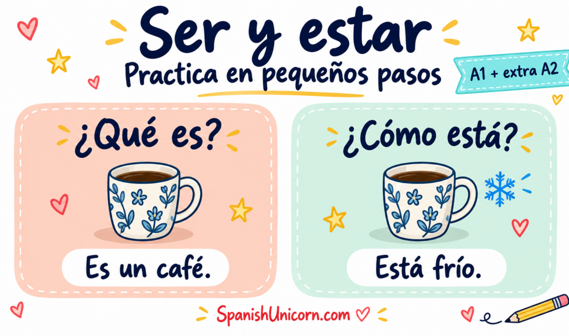 Ser y estar con ejemplos: es un café expresa identidad y está frío describe su estado.