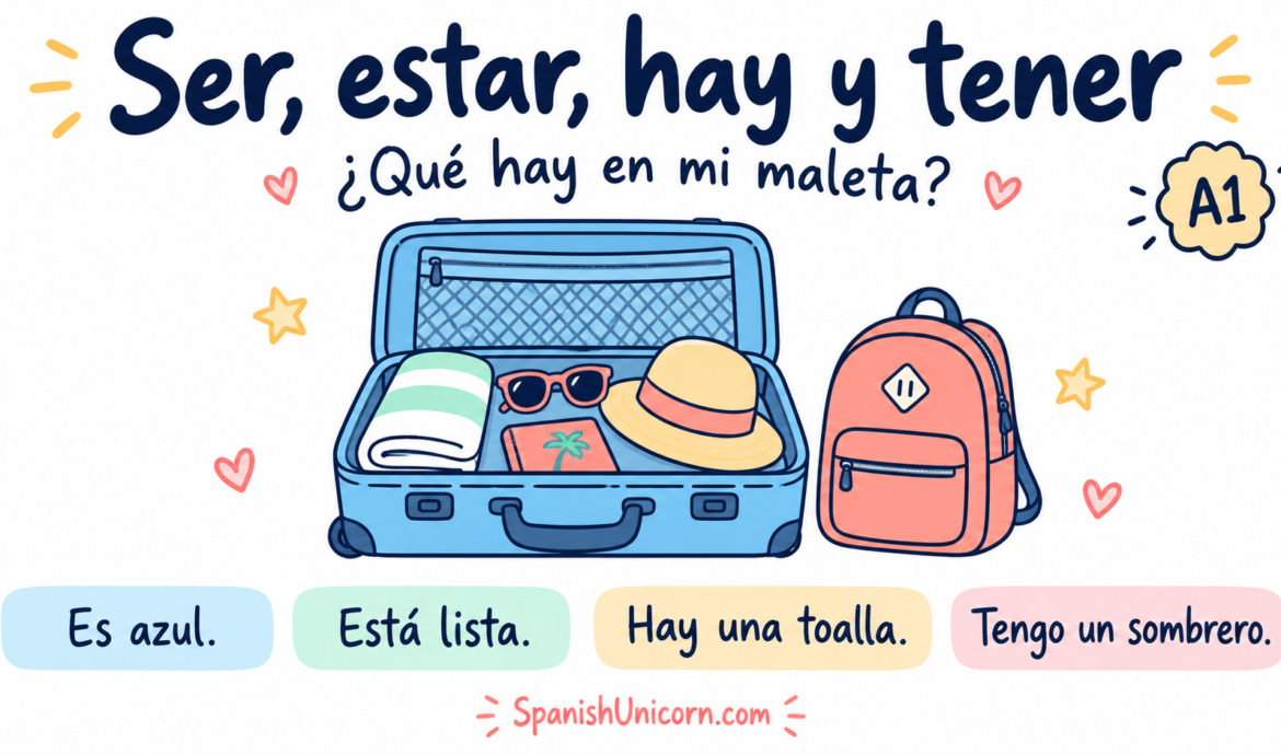 Maleta azul con una toalla, gafas y sombrero: ejemplos de ser, estar, hay y tener para practicar en nivel A1.