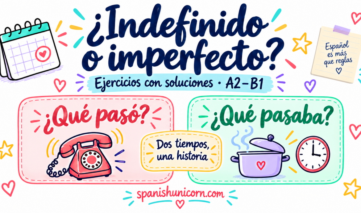 Indefinido o imperfecto: qué pasó y qué pasaba, ilustrados con un teléfono y una olla.