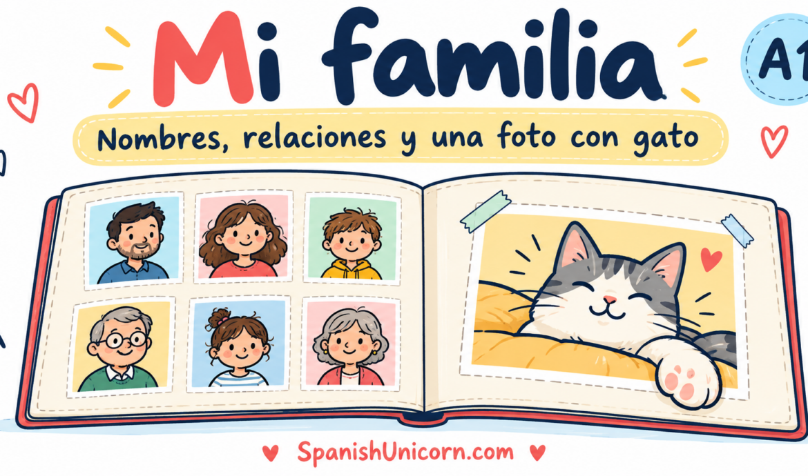 Álbum ilustrado de una familia con un gato en la foto.