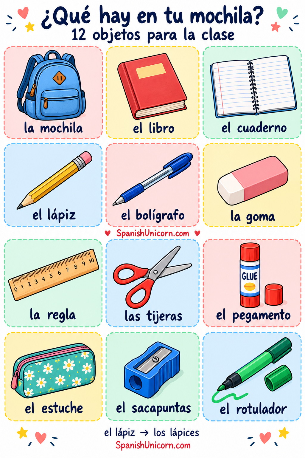 Doce objetos escolares ilustrados: mochila, libro, cuaderno, lápiz, bolígrafo, goma, regla, tijeras, pegamento, estuche, sacapuntas y rotulador.