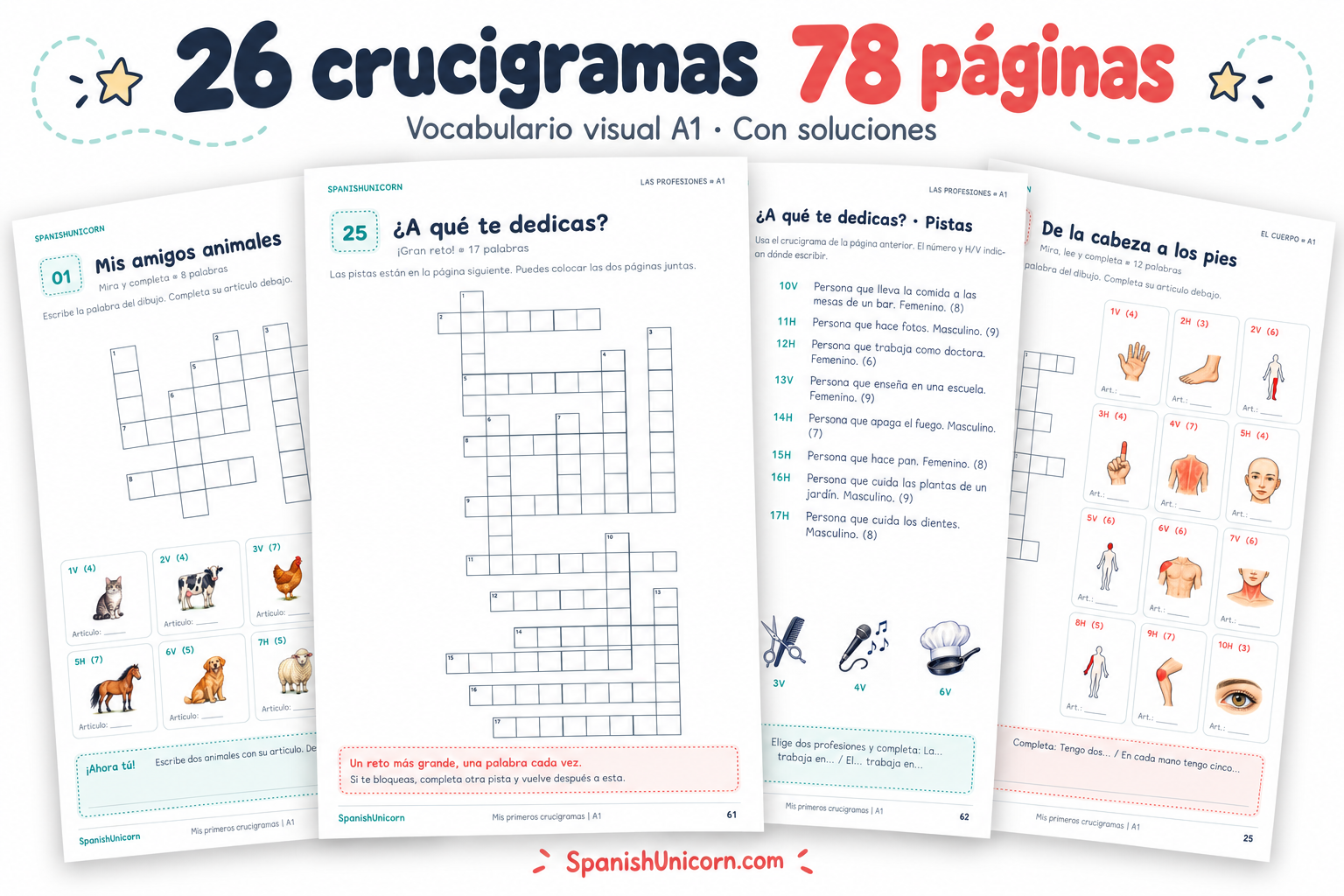 Mis primeros crucigramas A1: vista de varias páginas, 26 crucigramas y 78 páginas