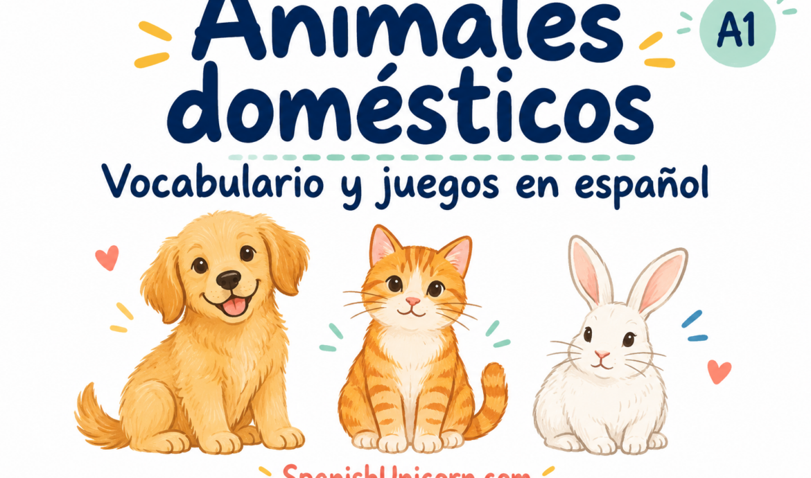 Un perro, un gato y un conejo ilustrados para aprender vocabulario de animales domésticos en español.
