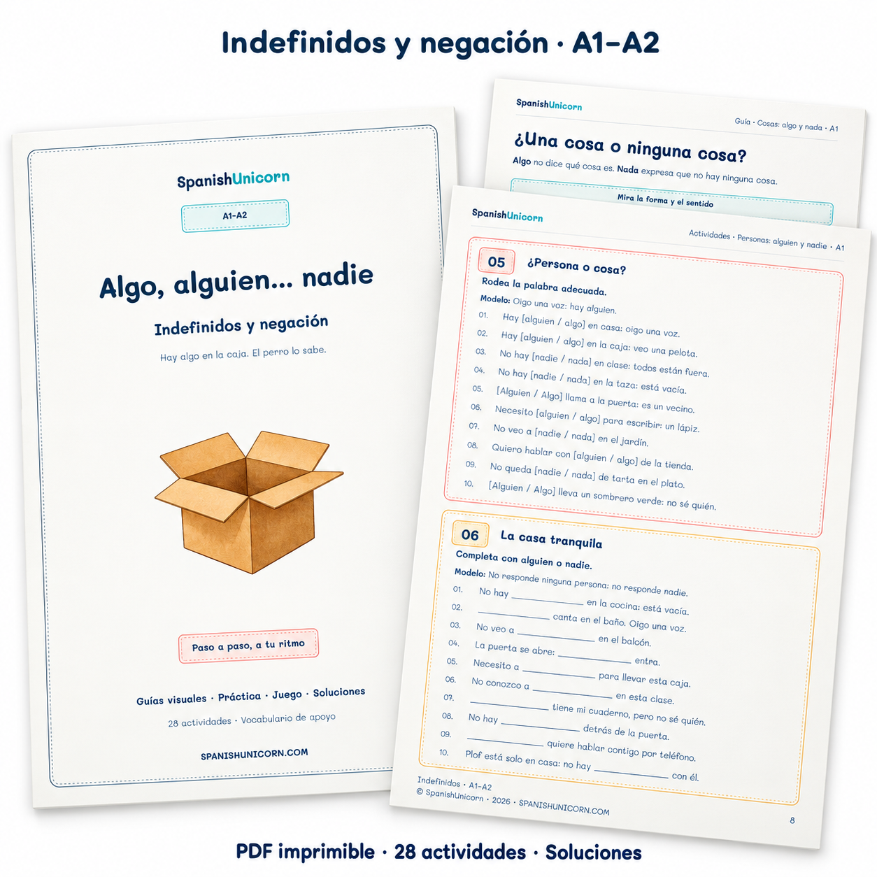 Cuaderno de indefinidos y negación A1–A2: portada y ejemplos de sus páginas