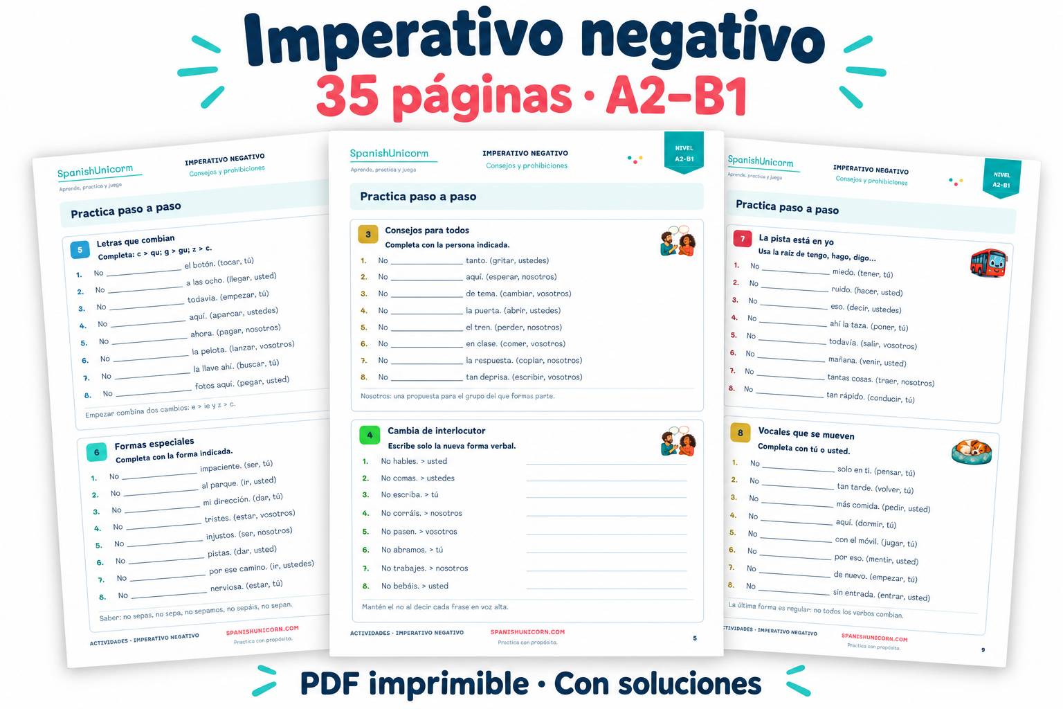Páginas del cuaderno imprimible de imperativo negativo de SpanishUnicorn