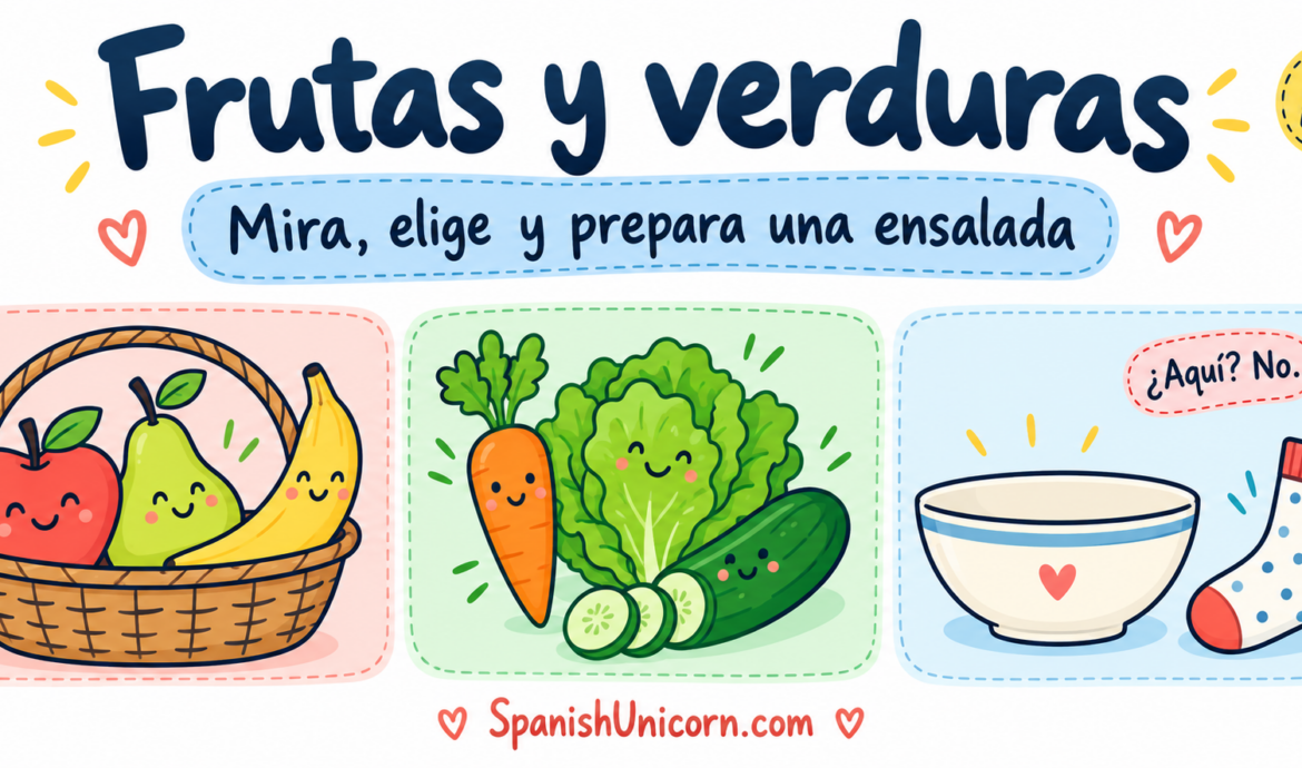 Frutas, verduras y un calcetín junto a una ensaladera: vocabulario A1.