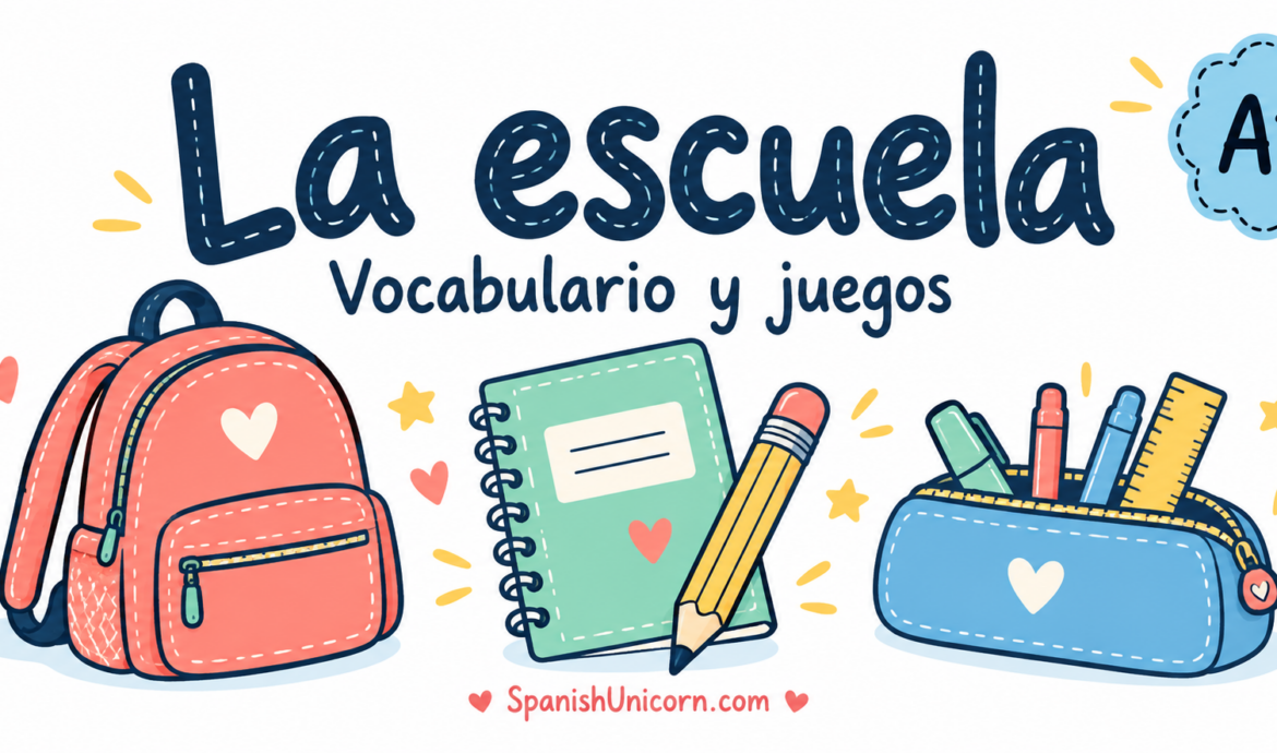 Mochila, cuaderno y estuche ilustrados para practicar el vocabulario de la escuela en español, nivel A1.