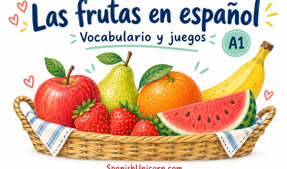 Cesta ilustrada con manzana, pera, fresas, naranja, plátano y sandía para aprender las frutas en español.