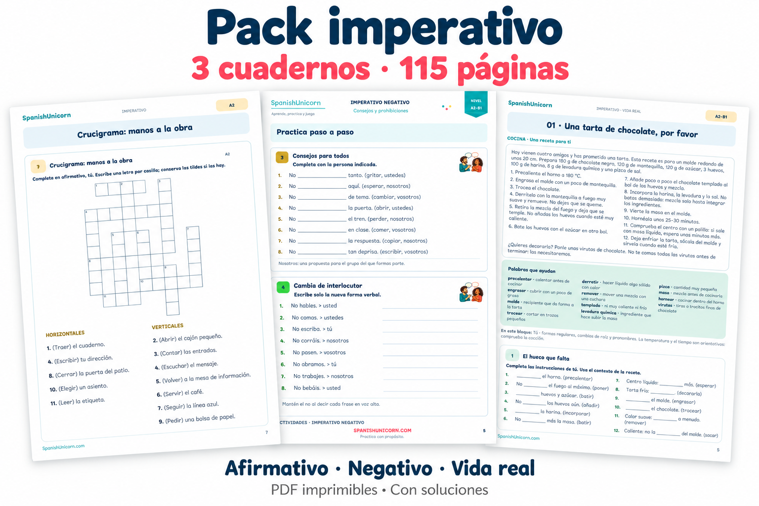 Pack de tres cuadernos imprimibles de imperativo