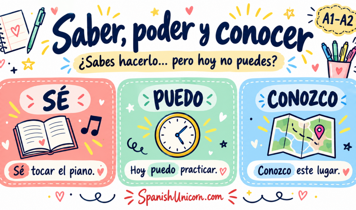 Saber, poder y conocer en presente: sé tocar el piano, hoy puedo practicar y conozco este lugar.
