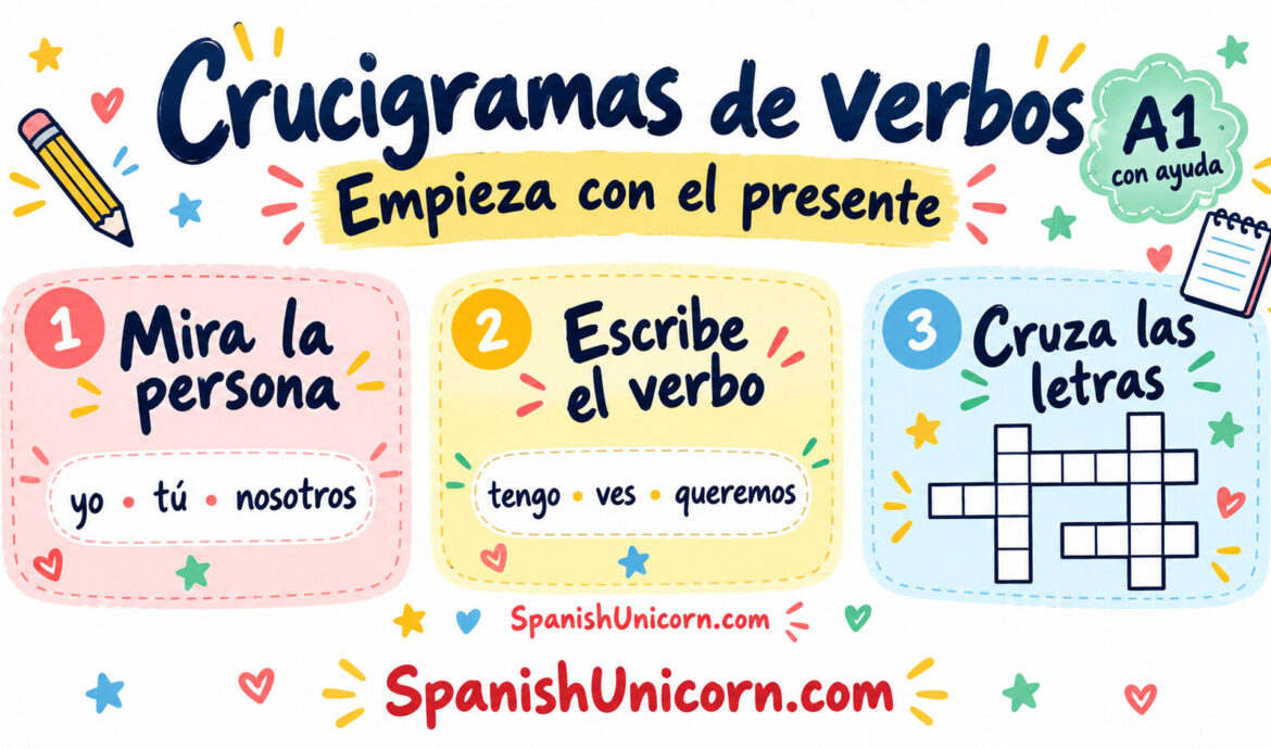 Crucigramas de verbos: mira la persona, escribe el verbo y cruza las letras. A1 con ayuda.