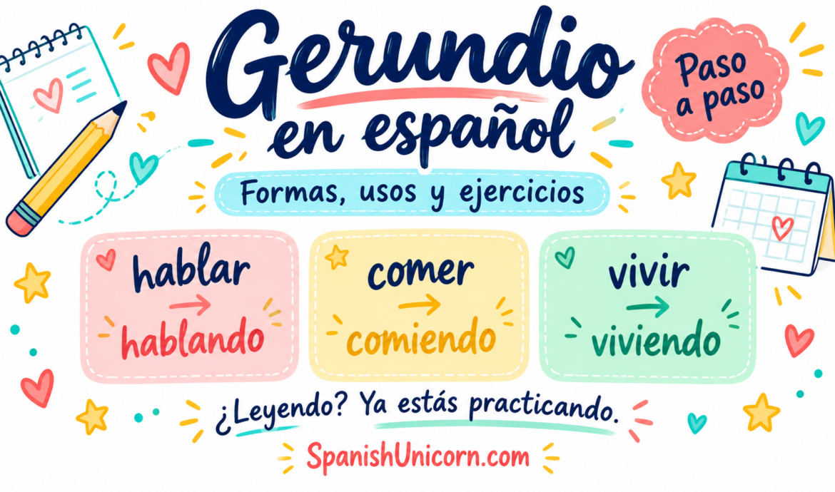 Gerundio en español: hablar → hablando, comer → comiendo y vivir → viviendo.