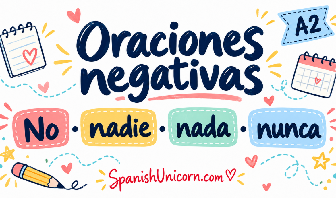 Oraciones negativas en español: no, nadie, nada y nunca, con ejercicios A1–A2.
