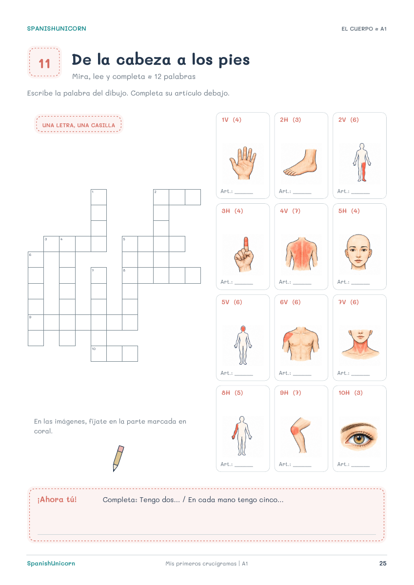 Página real del cuaderno Mis primeros crucigramas A1: Una sonrisa y mucho más, con dibujos de partes del cuerpo y casillas para completar.