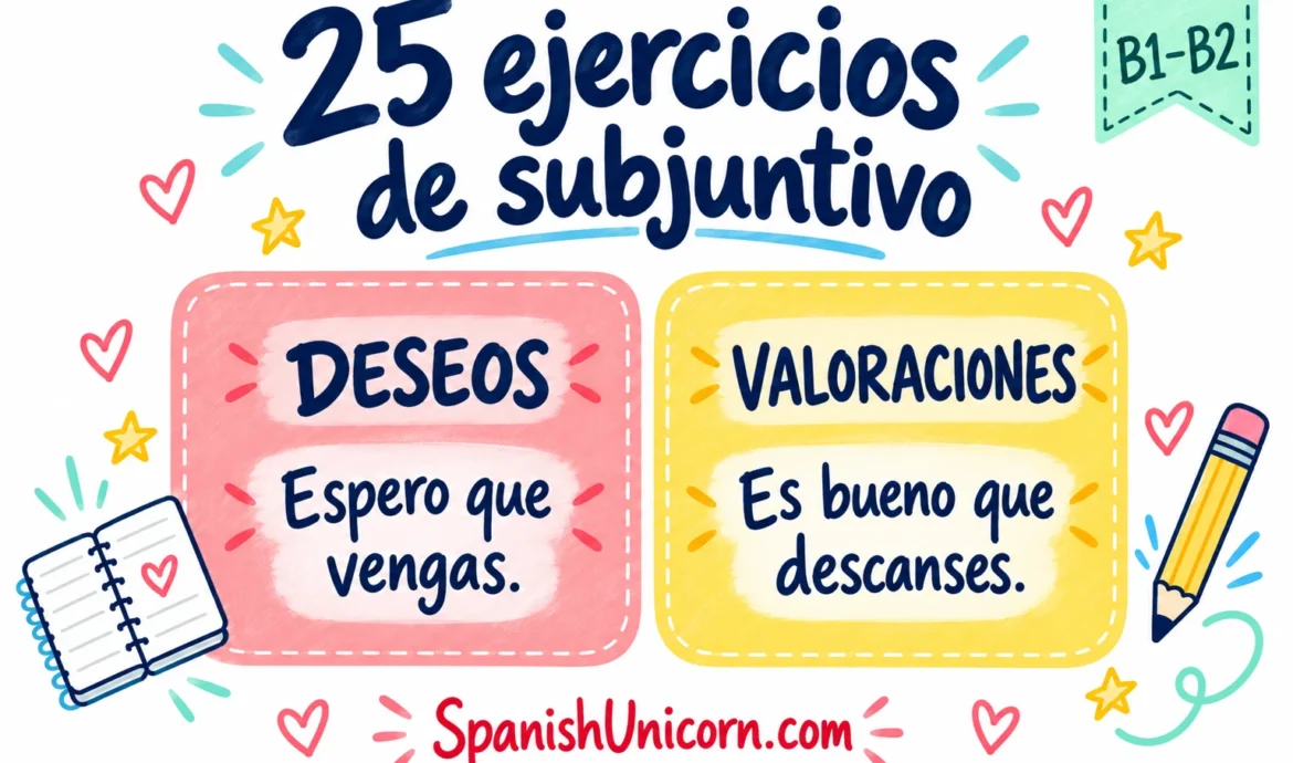 25 ejercicios de subjuntivo: deseos y valoraciones, con soluciones.