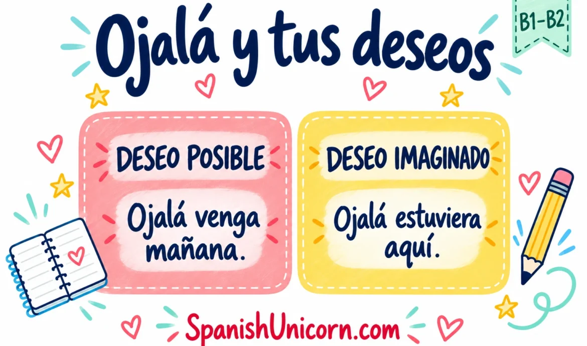 Ojalá venga mañana y ojalá estuviera aquí: deseos con subjuntivo.