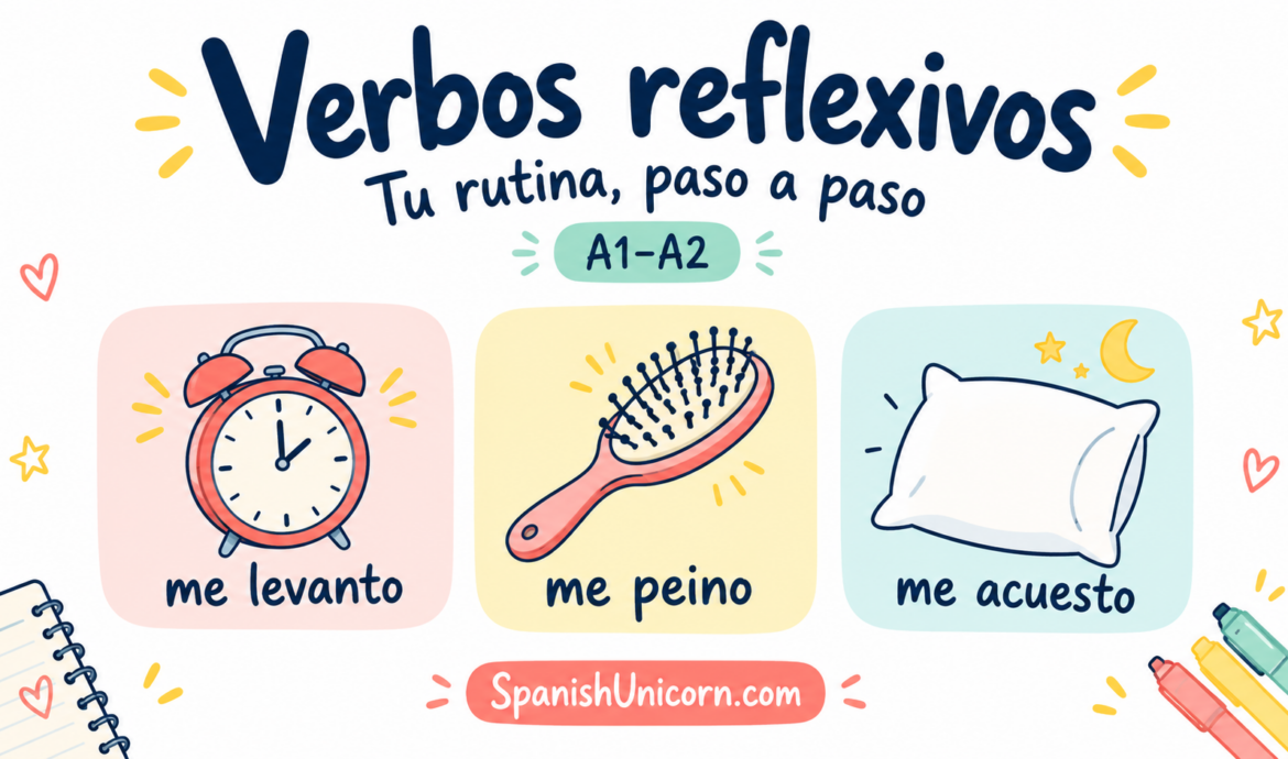 Verbos reflexivos en presente: me levanto, me peino y me acuesto, con objetos de la rutina diaria.