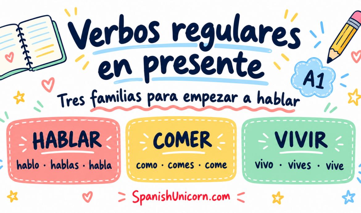 erbos regulares en presente: hablar, comer y vivir, tres modelos para empezar a hablar español.