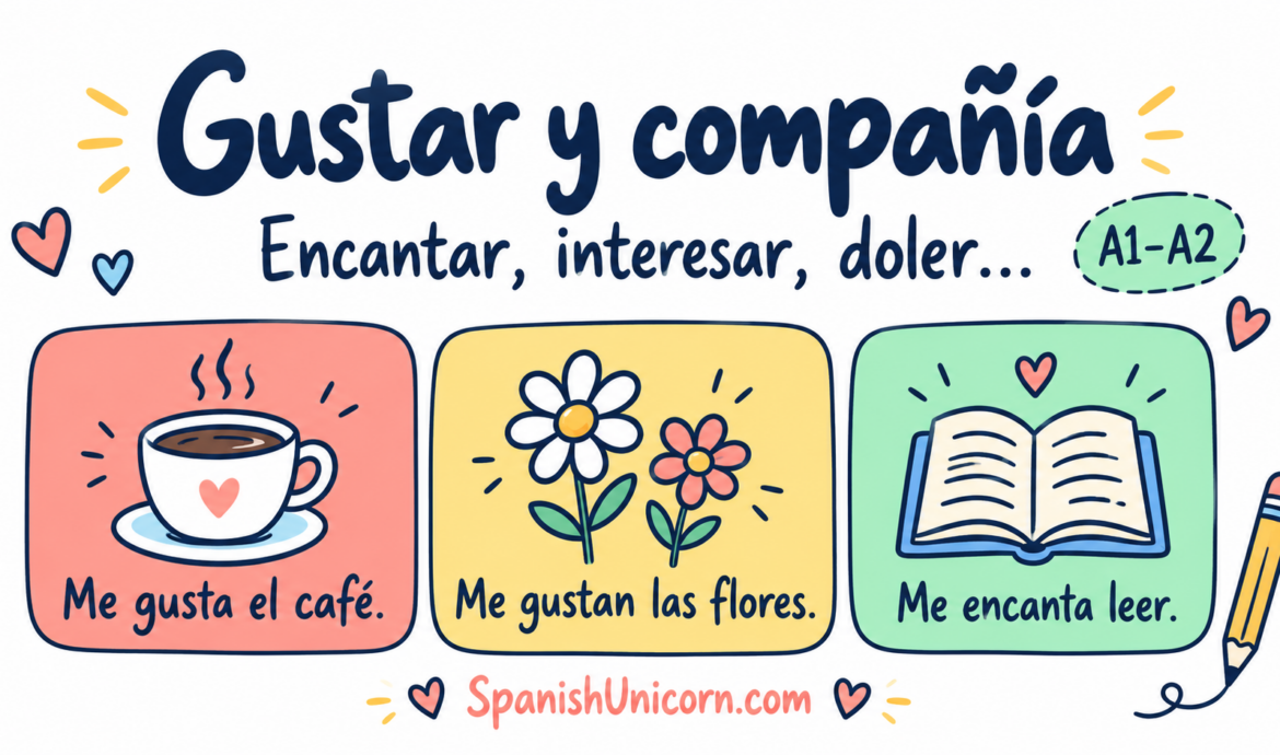Gustar y compañía: me gusta el café, me gustan las flores y me encanta leer.