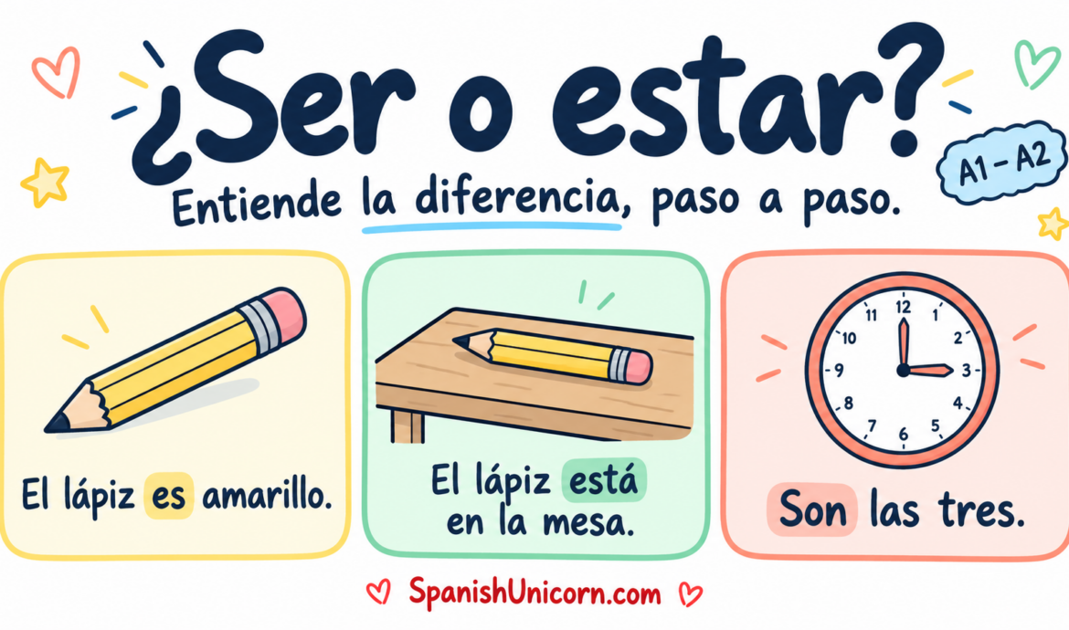 Ser o estar: el lápiz es amarillo, está en la mesa y son las tres.
